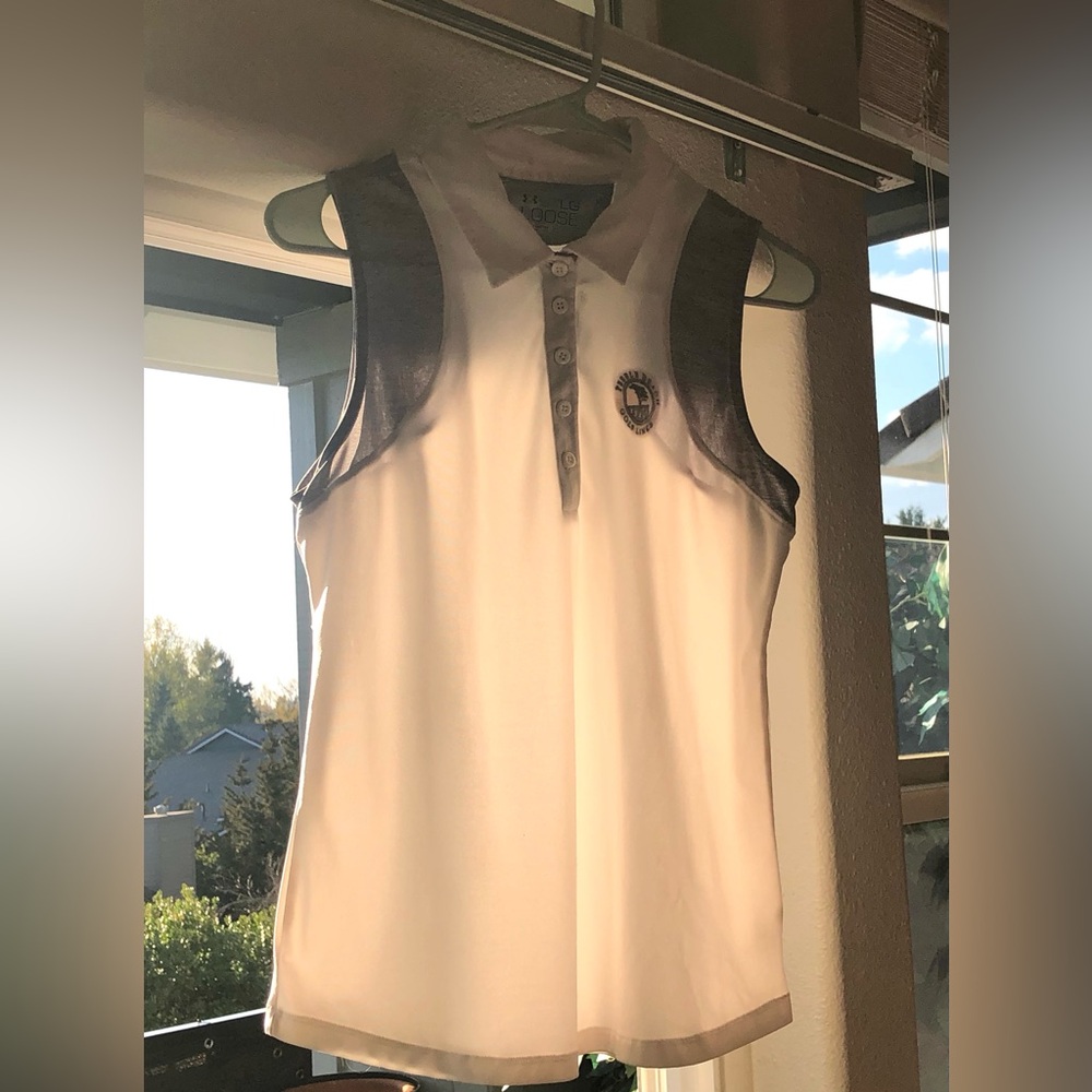 Pebble Beach Golf Links Sleeveless White Golf Polo with Gray Accents and Emblem - Picture 3 of 4